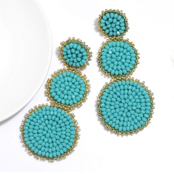 Turquoise Blue Beaded Triple Tiered Earrings Bohemian Boho Summer Festival New - Picture 4 of 9